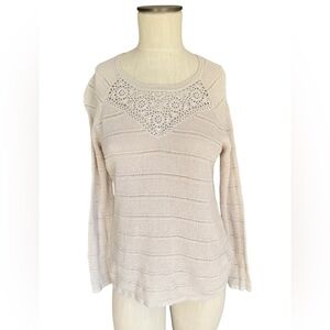 Garnet Hill Linen Cotton Knit Crochet Neutral Beige Lightweight Sweater Sz XS